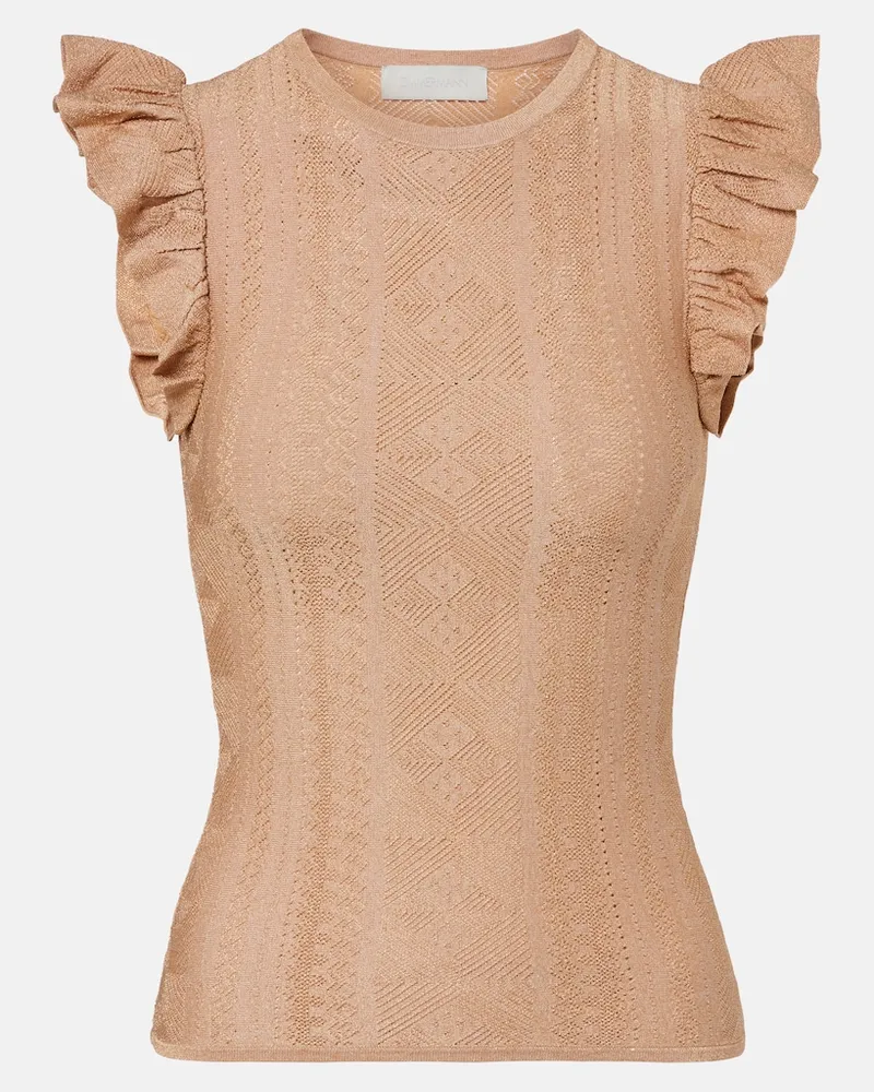 Zimmermann Top Aster in lamÃ© pointelle con volant Oro