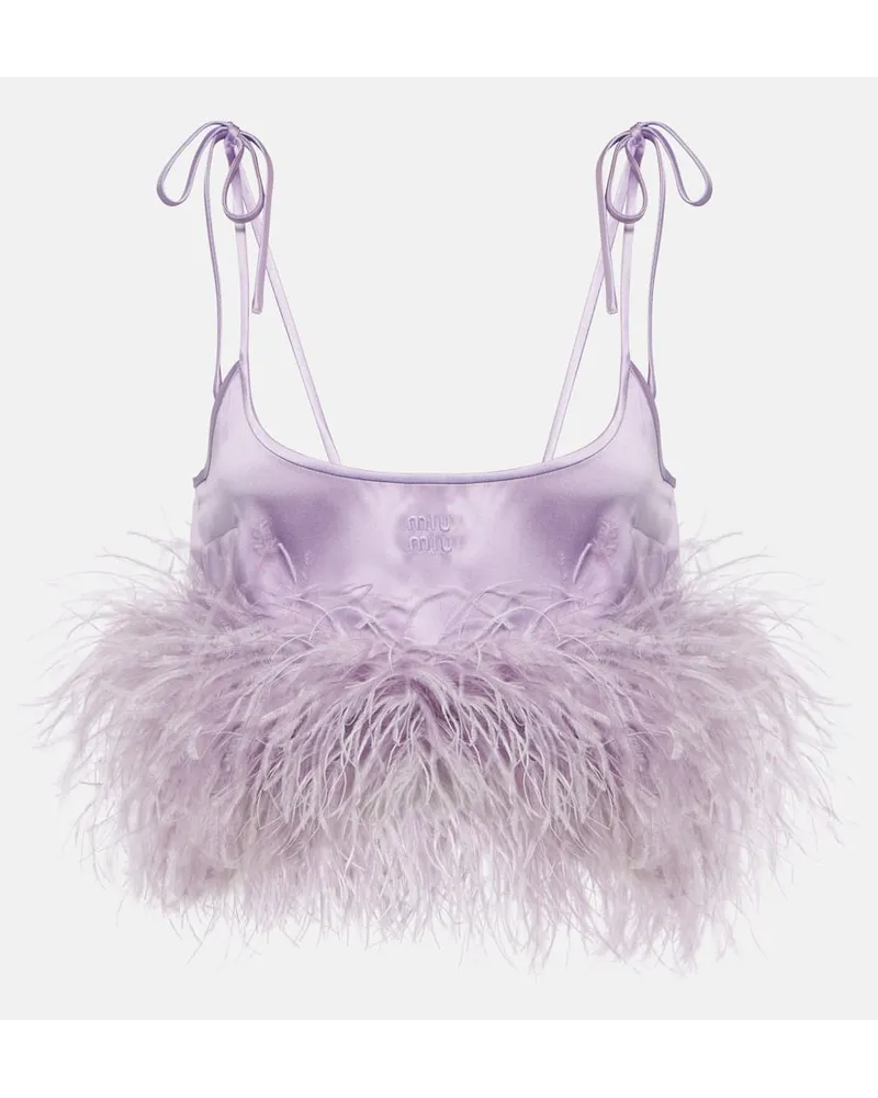 Miu Miu Top cropped in raso di misto seta con piume Viola