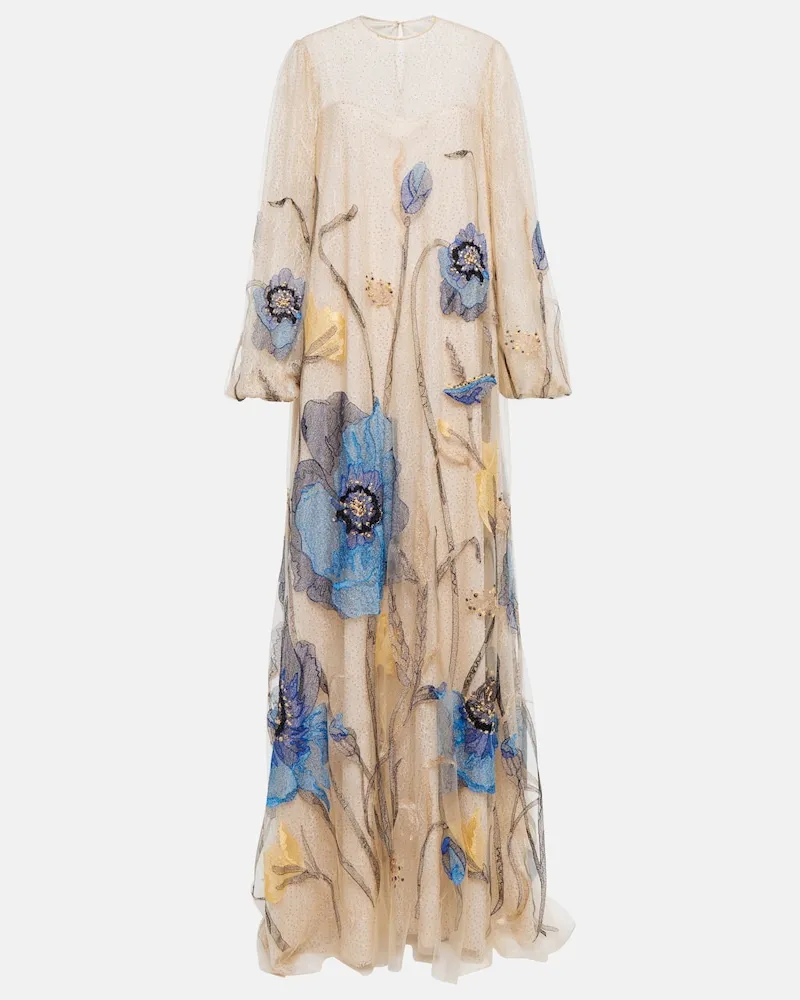COSTARELLOS Abito lungo Yesenia in tulle e pizzo con ricamo Beige