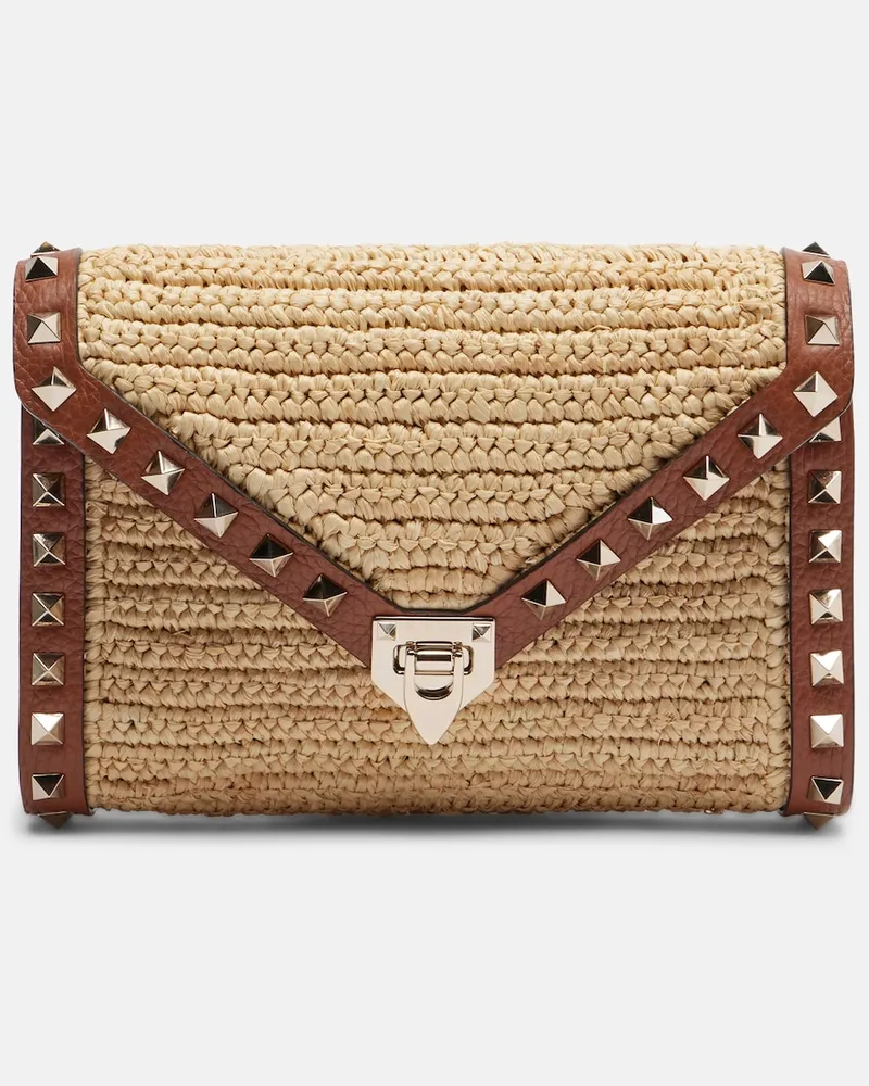 Valentino Garavani Borsa a spalla Rockstud Mini in rafia Marrone