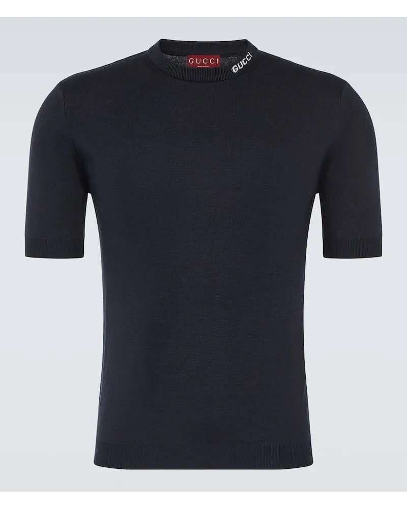 Gucci T-shirt in seta e cotone con logo Blu