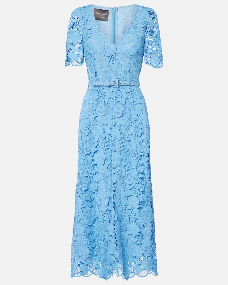 Monique Lhuillier Abito midi in pizzo con cintura Blu