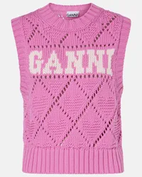 Ganni Gilet in misto cotone con intarsi e logo Rosa