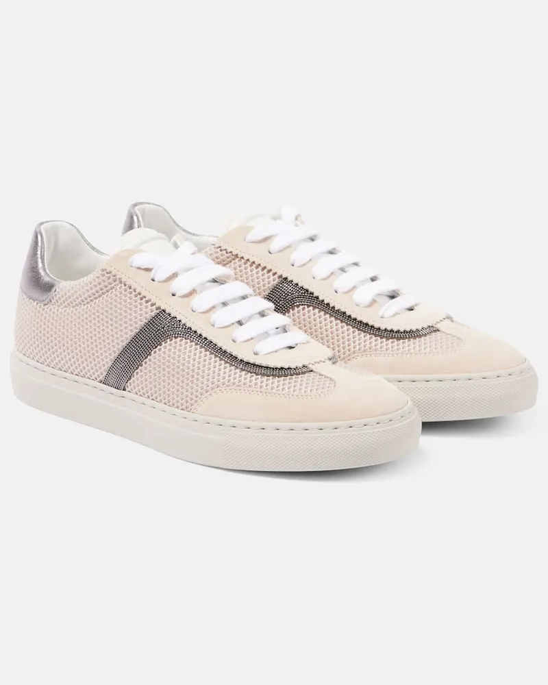 Brunello Cucinelli Sneakers in pelle e mesh con monili Beige