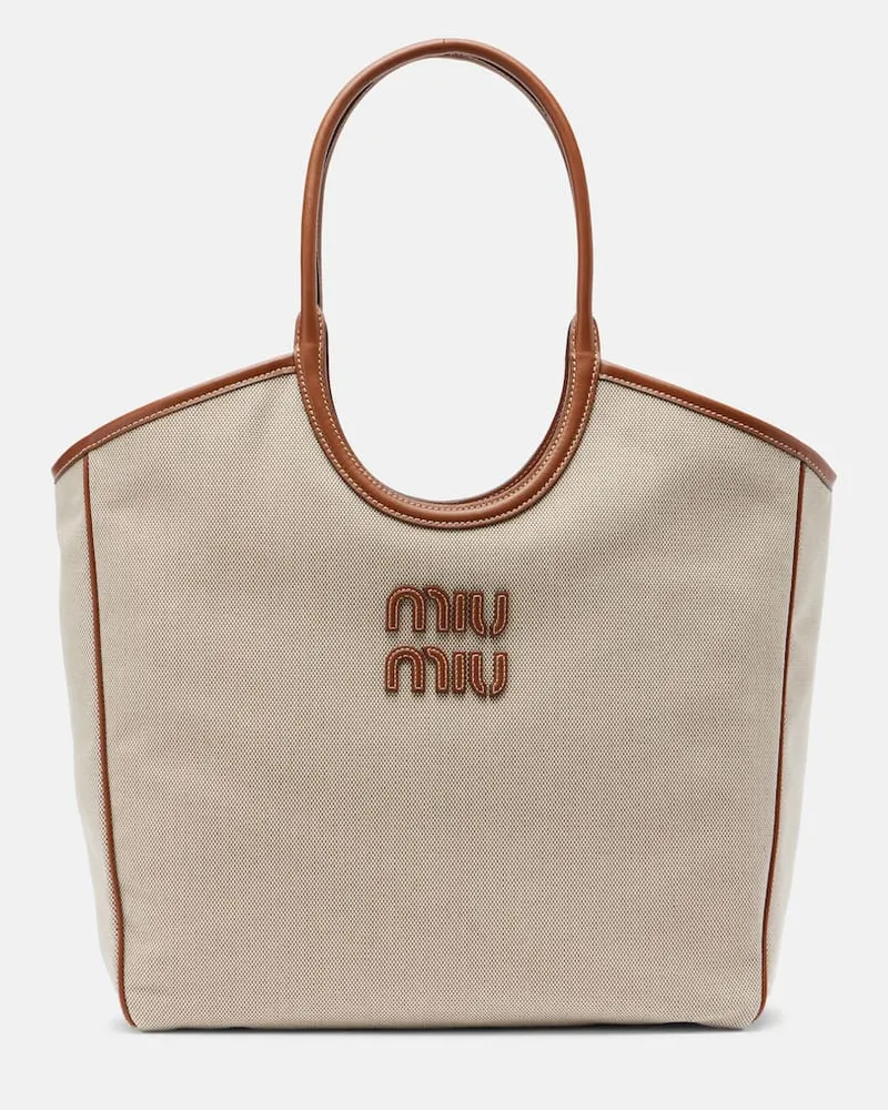 Miu Miu Shopper Ivy in canvas con pelle Beige