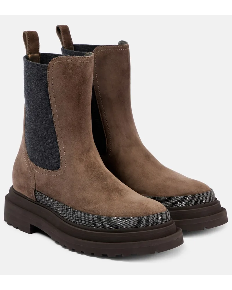 Brunello Cucinelli Stivaletti Chelsea in suede con monili Marrone