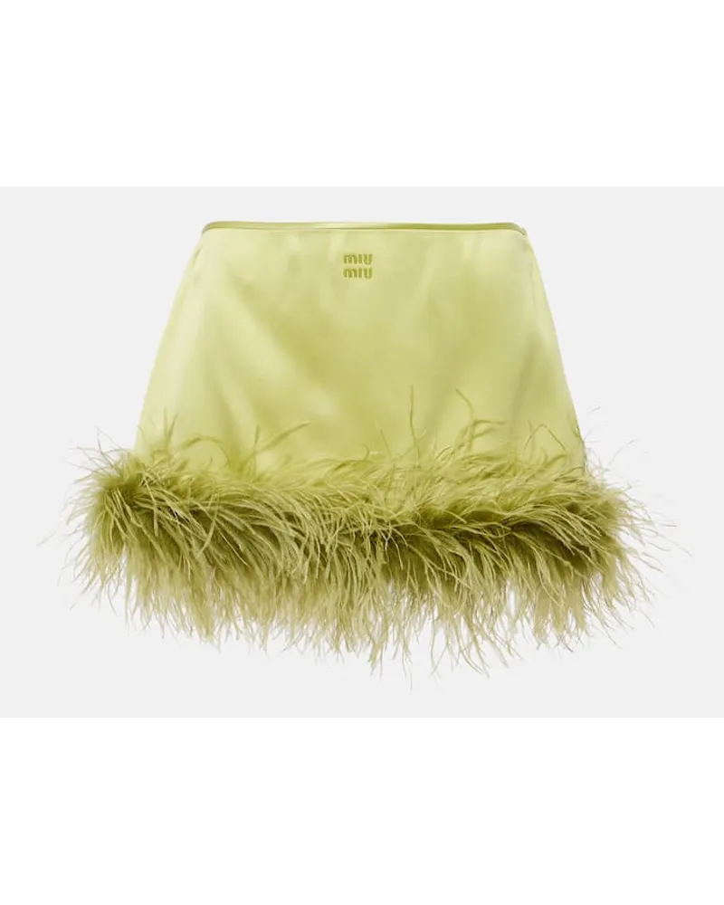 Miu Miu Minigonna in raso di misto seta con piume Verde