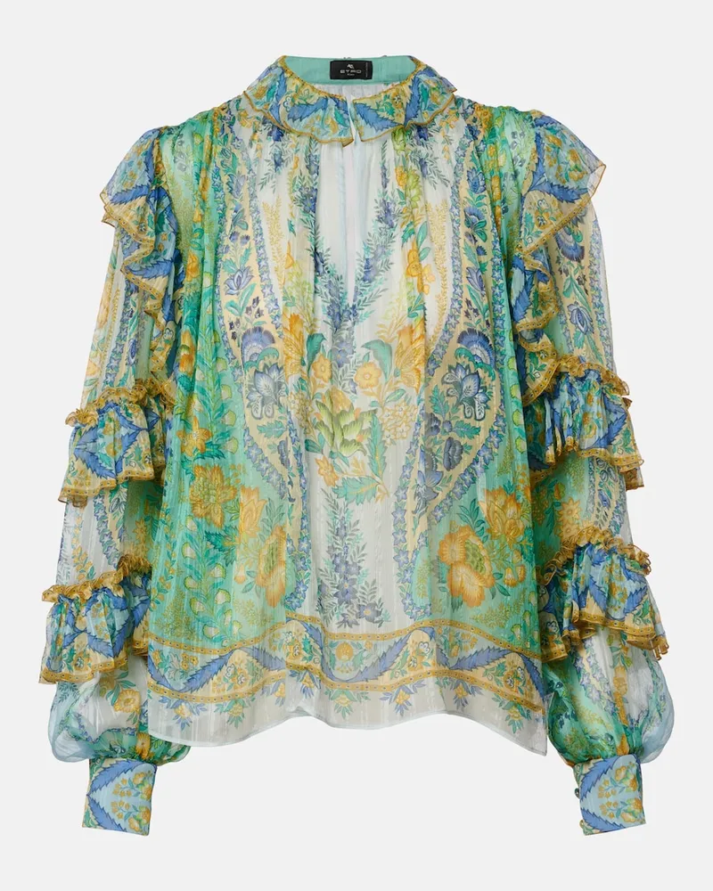 Etro Blusa in seta con stampa e volant Verde