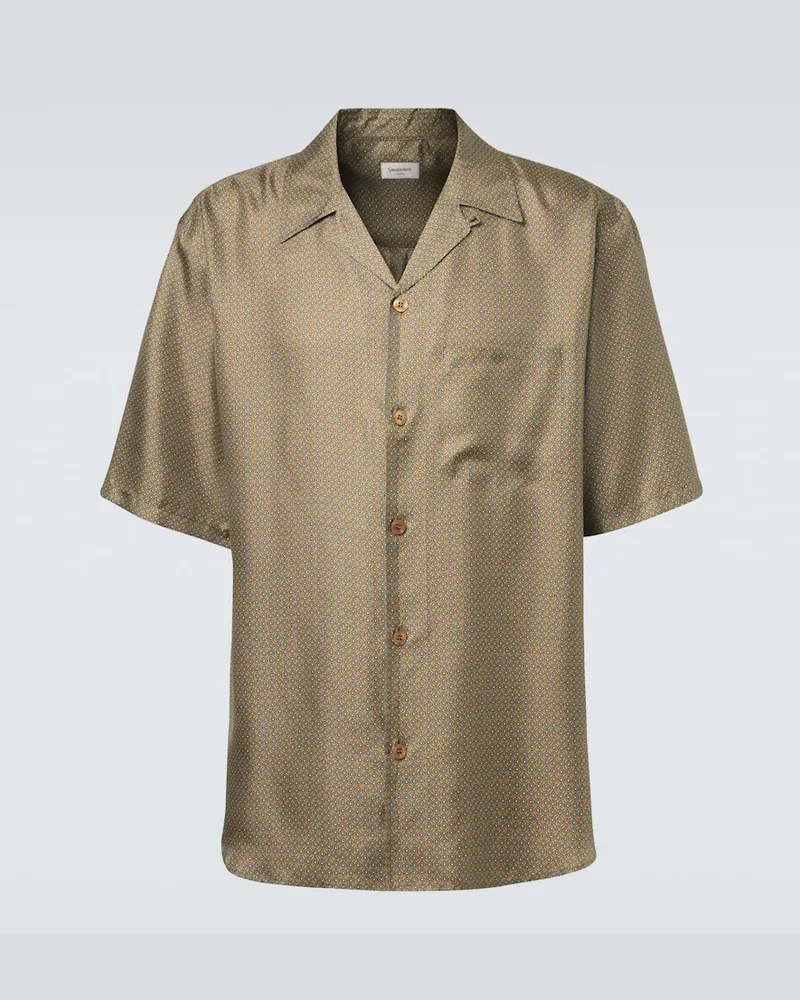 Saint Laurent Camicia bowling in raso di seta con stampa Verde