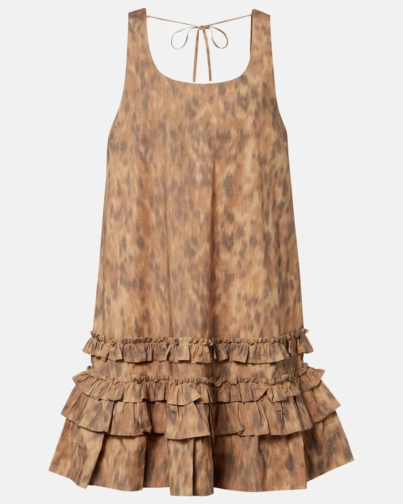 Ganni Abito corto in cotone con stampa Marrone