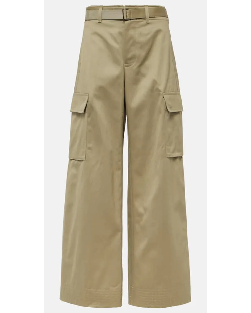 Sacai Pantaloni a gamba larga in gabardine di cotone Beige