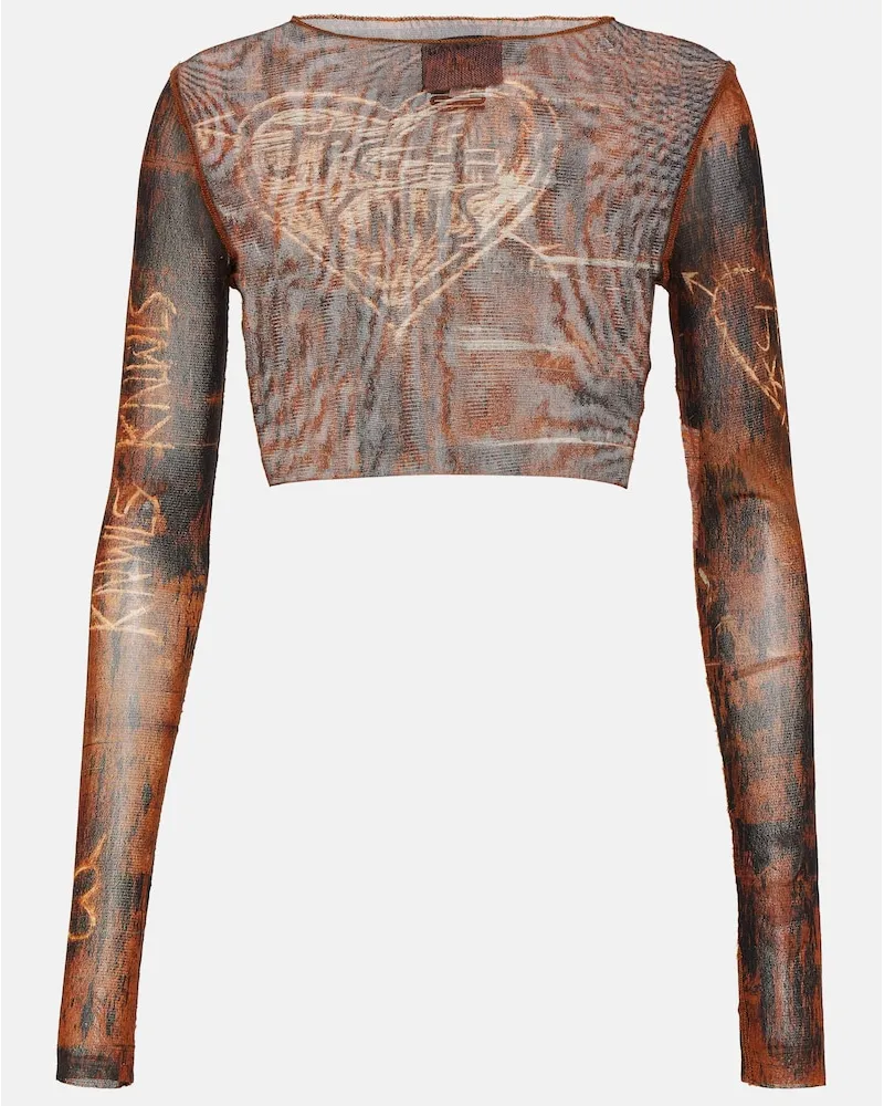 Jean Paul Gaultier x KNWLS - Top cropped in mesh con stampa Marrone