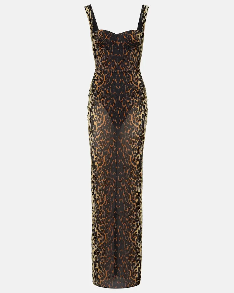 Alex Perry Abito lungo in mesh con stampa Marrone