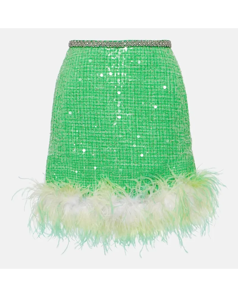 Self-Portrait Minigonna in bouclÃ© con paillettes e piume Verde