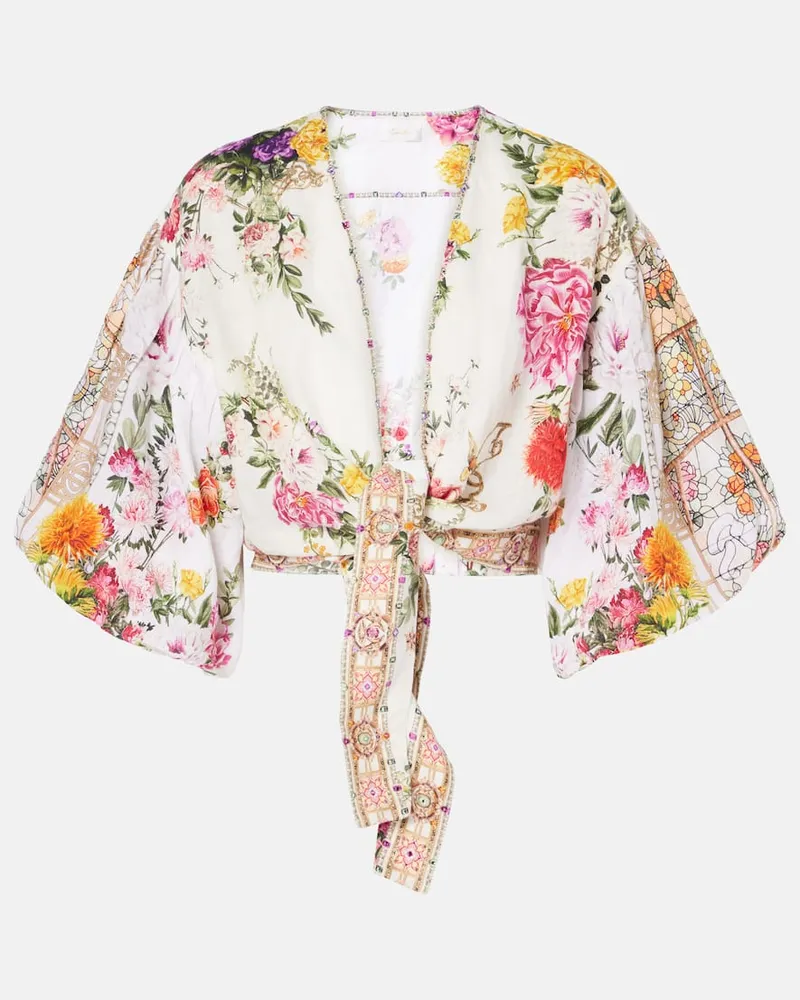 Camilla Top cropped in lino con stampa Bianco