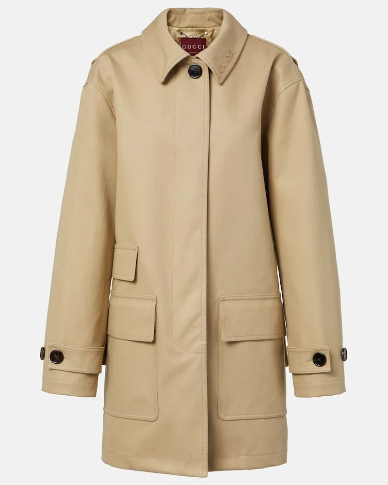 Gucci Trench in gabardine di cotone con logo Beige