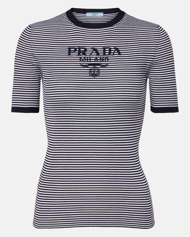 Prada Pullover in seta a righe con logo Blu