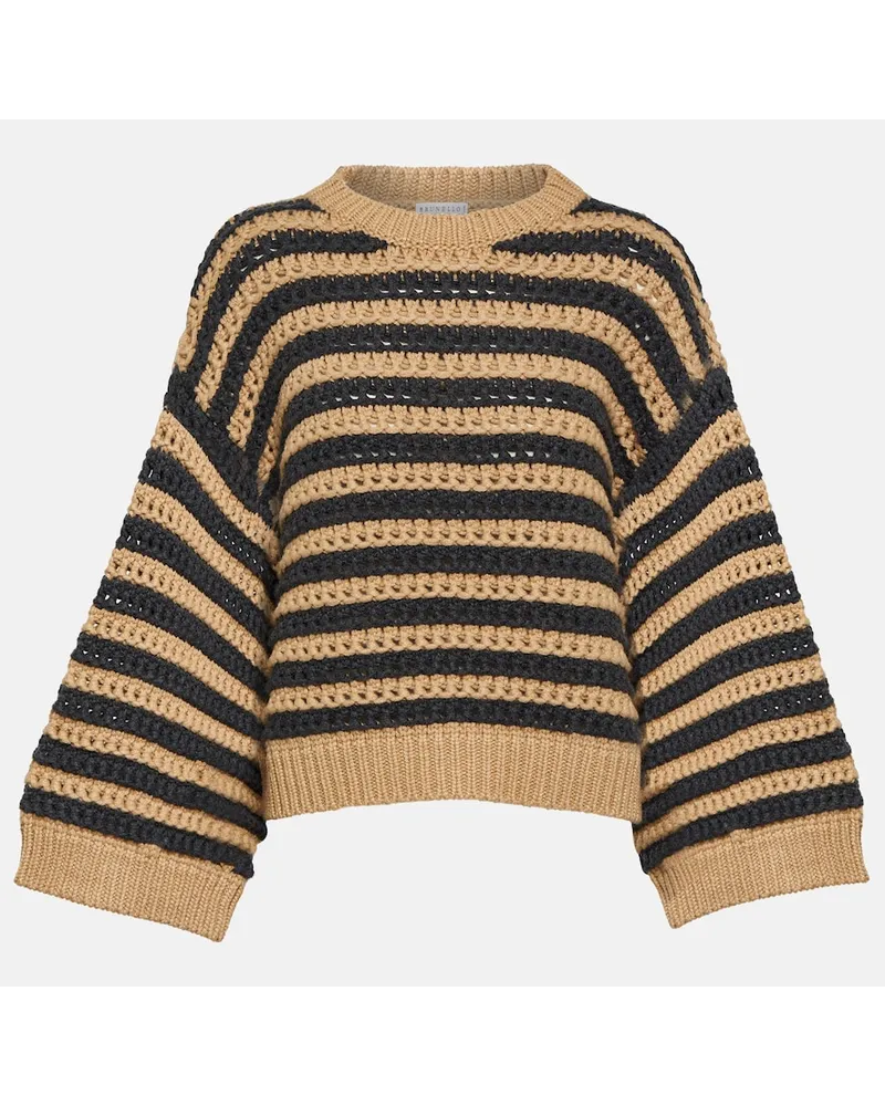 Brunello Cucinelli Pullover in lana, cashmere e seta a righe Marrone
