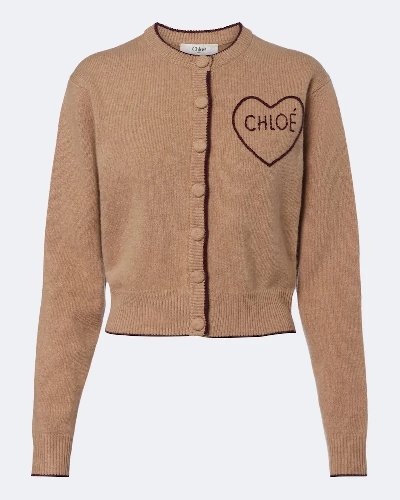 Chloé Chloé Cardigan in lana e cashmere con logo Marrone