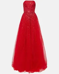 Monique Lhuillier Abito lungo in tulle con cristalli Rosso