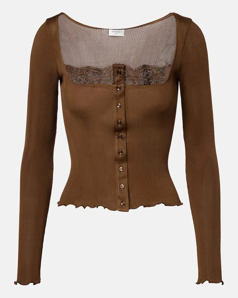 Saint Laurent Top in jersey di seta con pizzo Marrone