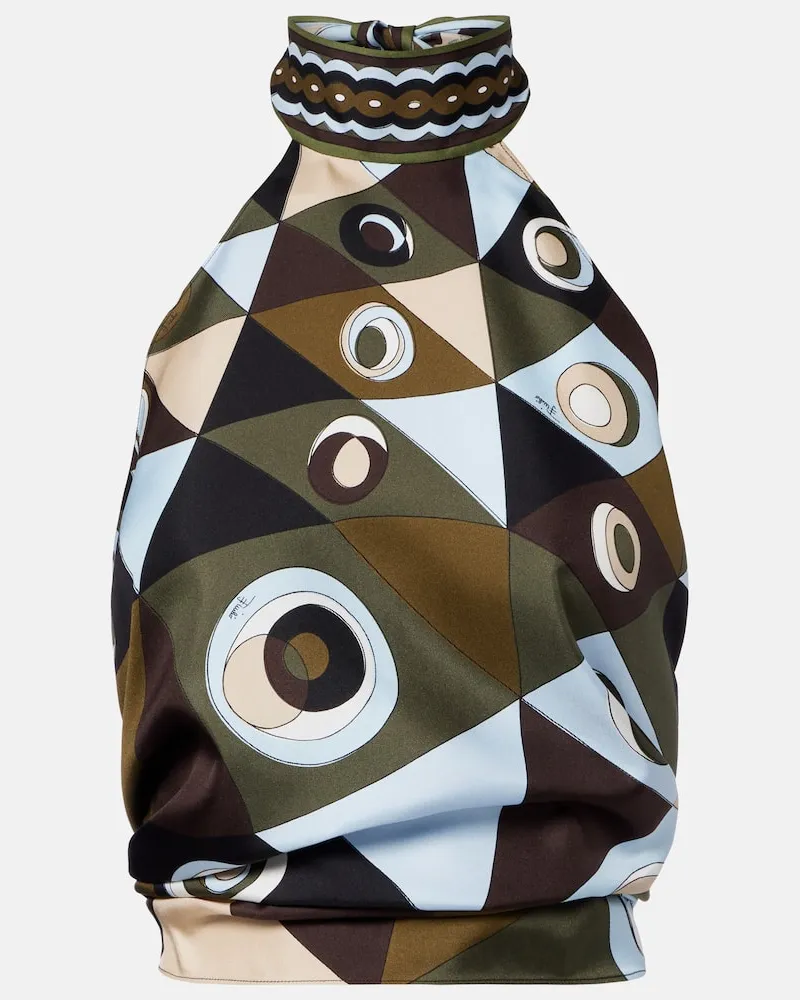 Emilio Pucci Top Occhi in twill di seta con scollo all'americana Multicolore