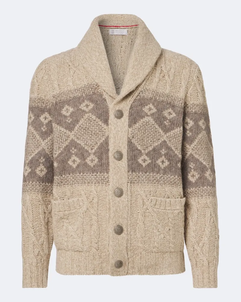 Brunello Cucinelli Cardigan in lana, seta e cashmere jacquard Beige