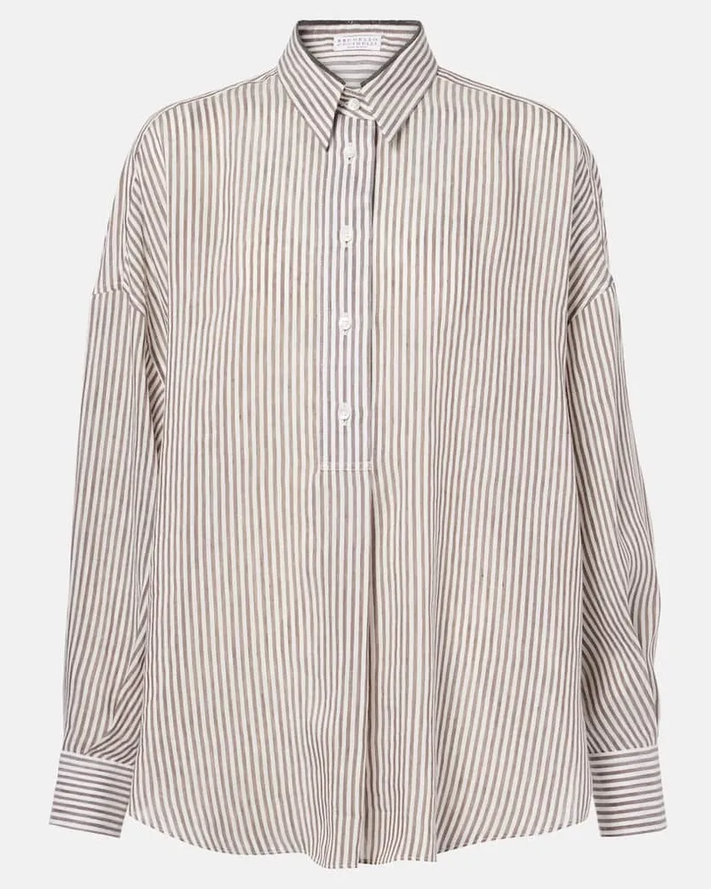 Brunello Cucinelli Camicia in lino e seta a righe Bianco
