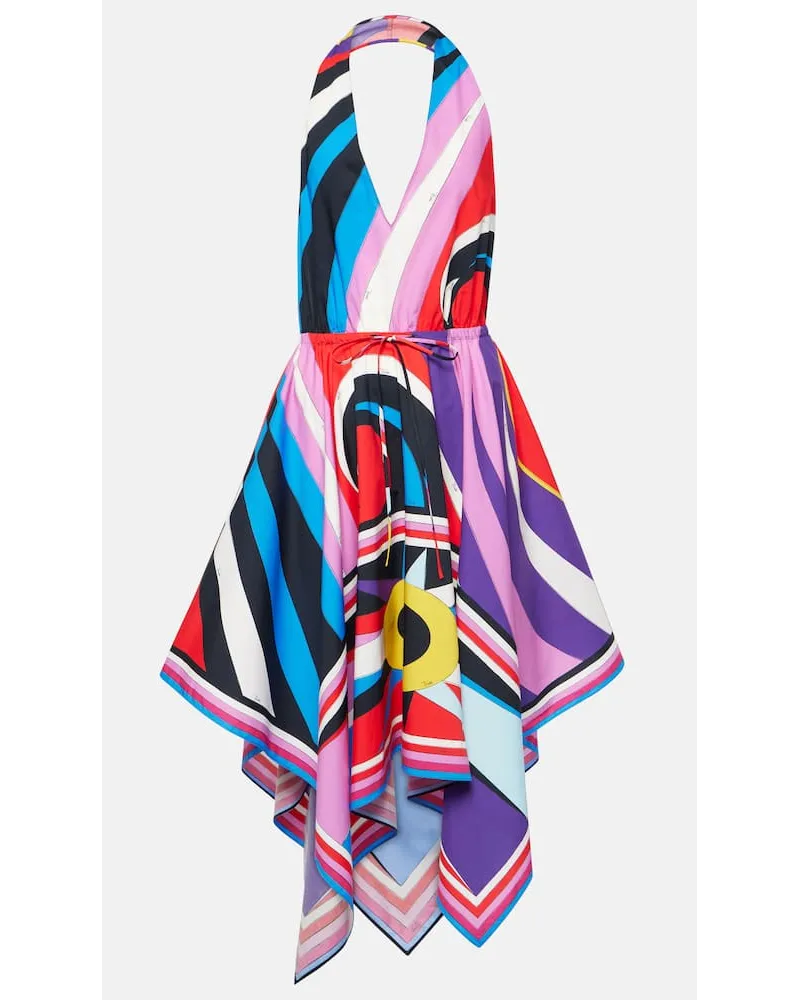 Emilio Pucci Abito midi Cigni in cotone con scollo all'americana Multicolore