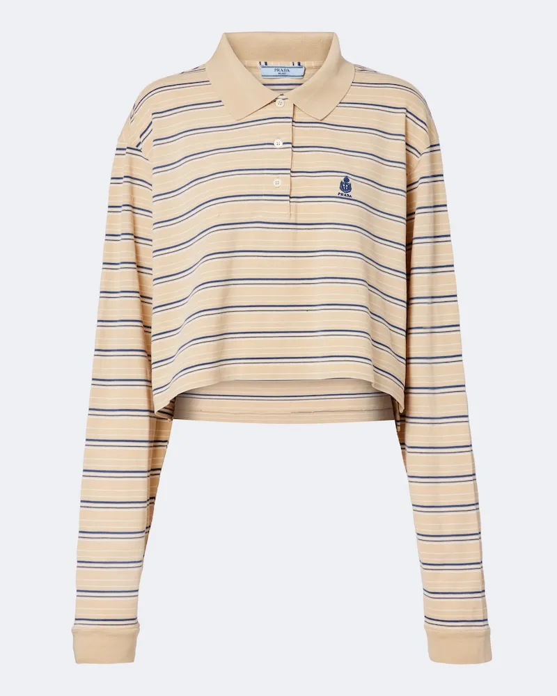 Prada Polo in piqué di cotone a righe con logo Beige