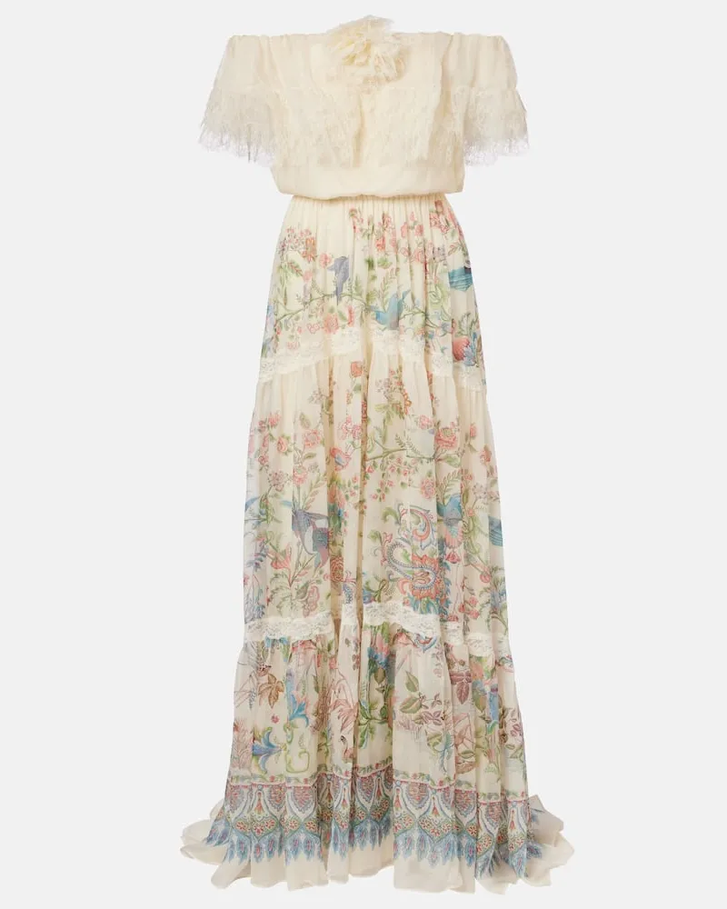 Etro Abito lungo in seta con stampa e scollo bardot Multicolore