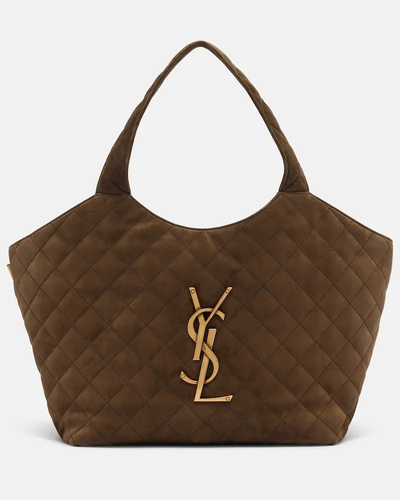 Saint Laurent Borsa a spalla Icare Medium in suede matelassé Verde