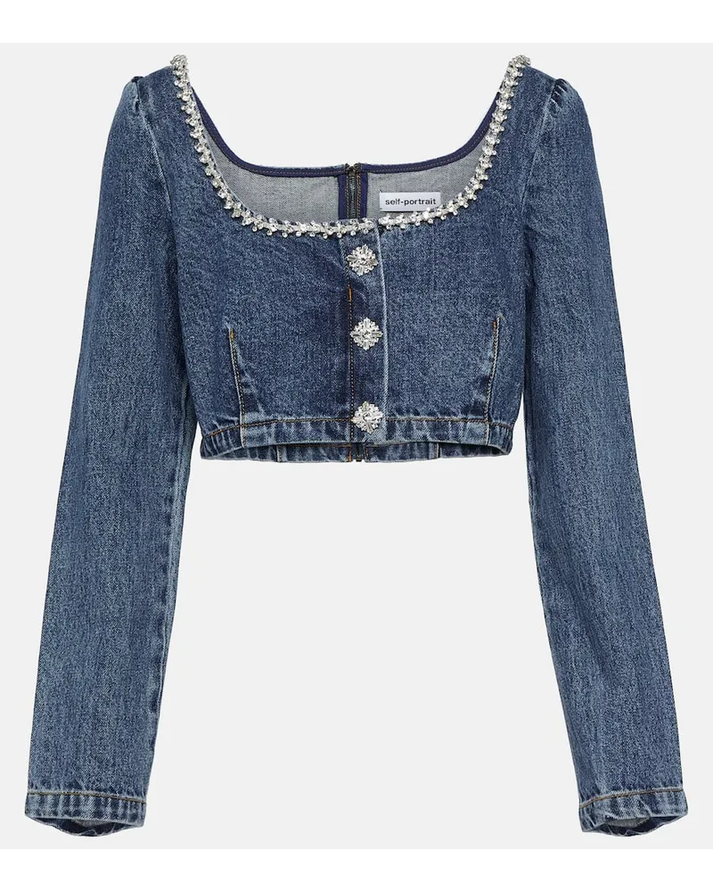 Self-Portrait Top cropped di jeans con decorazione Blu