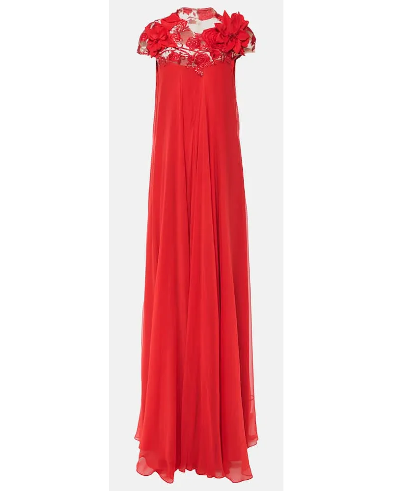 Monique Lhuillier Abito lungo Trapeze con ricamo Rosso