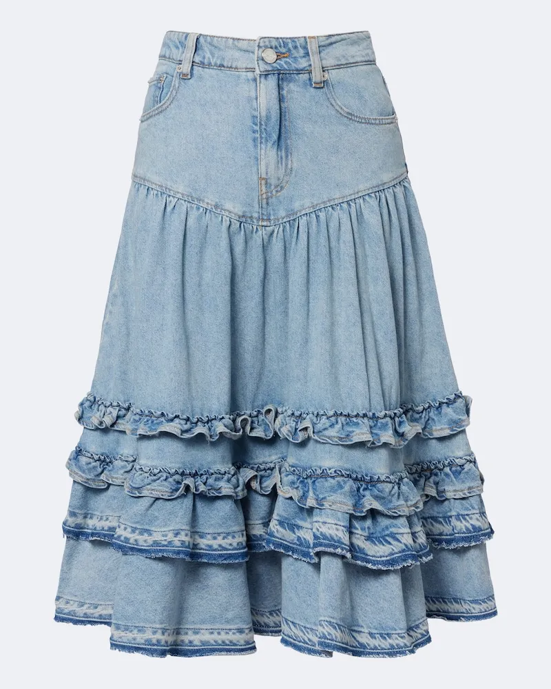 Ganni Gonna midi di jeans con volant Blu