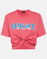 Versace Top cropped in cotone con logo Blu