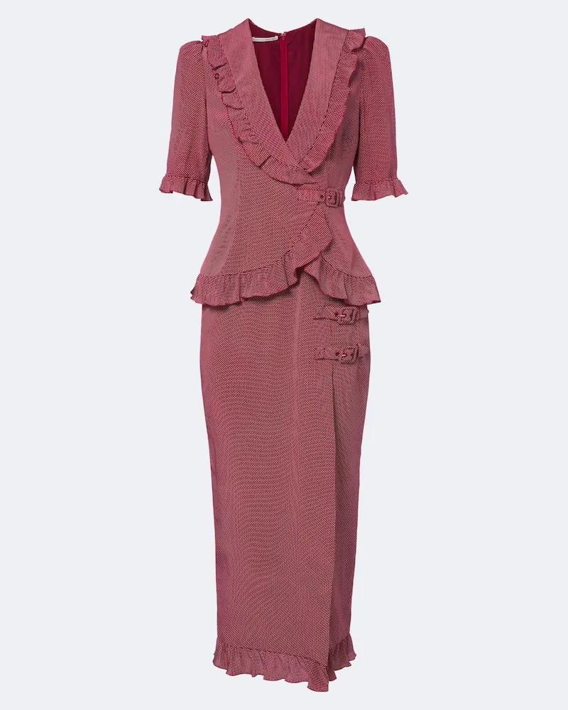 Alessandra Rich Abito midi in seta a pois con volant Rosso
