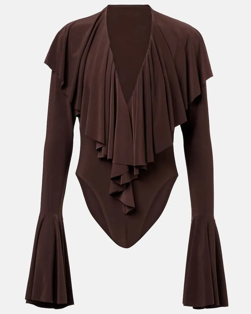Norma Kamali Body in jersey con volant Marrone