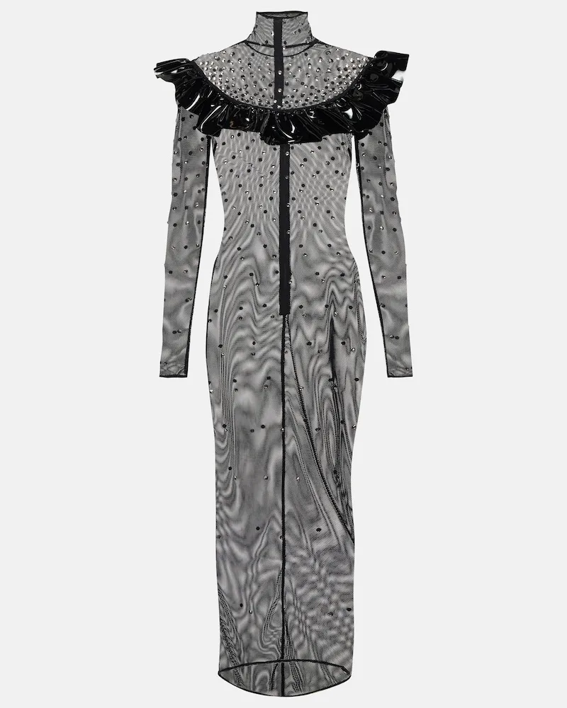Alessandra Rich Abito midi in mesh con cristalli Nero