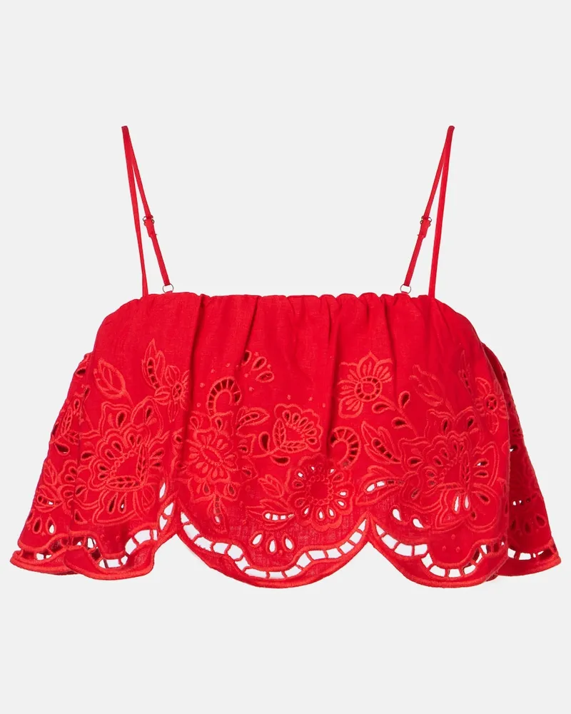 FARM Rio Top cropped in misto lino con ricamo Rosso