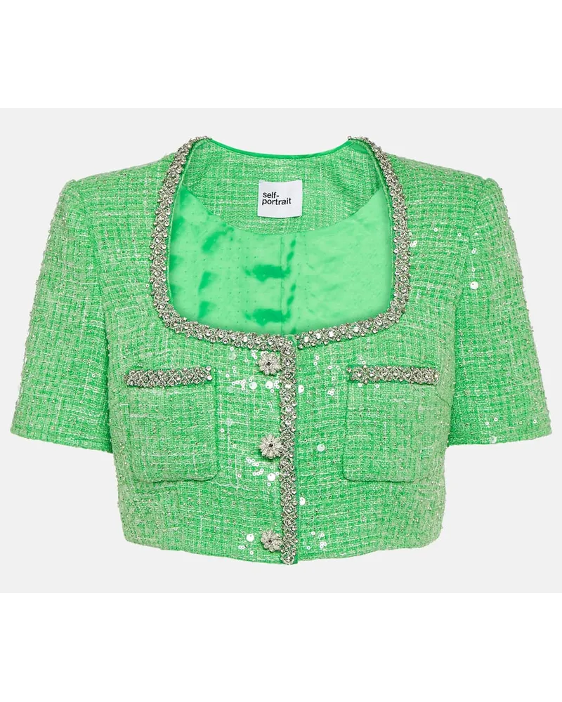 Self-Portrait Top cropped in bouclÃ© con paillettes Verde