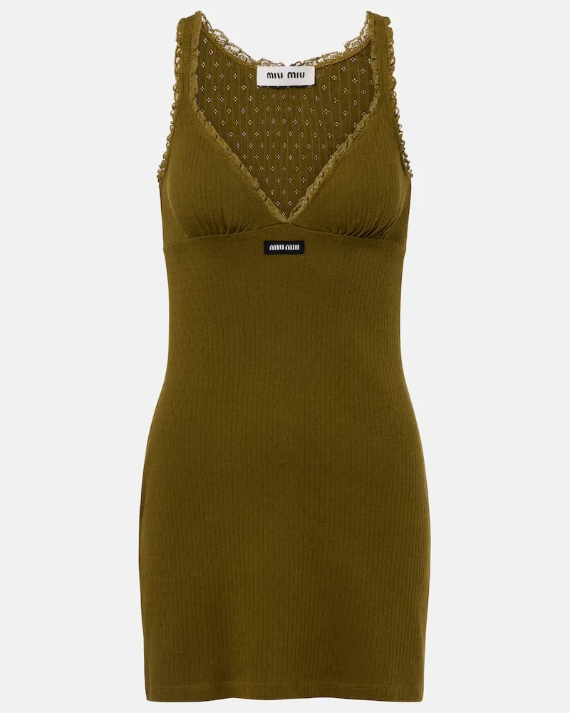 Miu Miu Abito corto in cotone pointelle con pizzo Verde