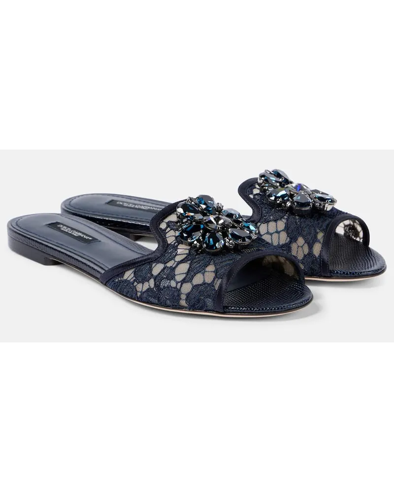 Dolce & Gabbana Sandali Bianca in pizzo con cristalli Blu