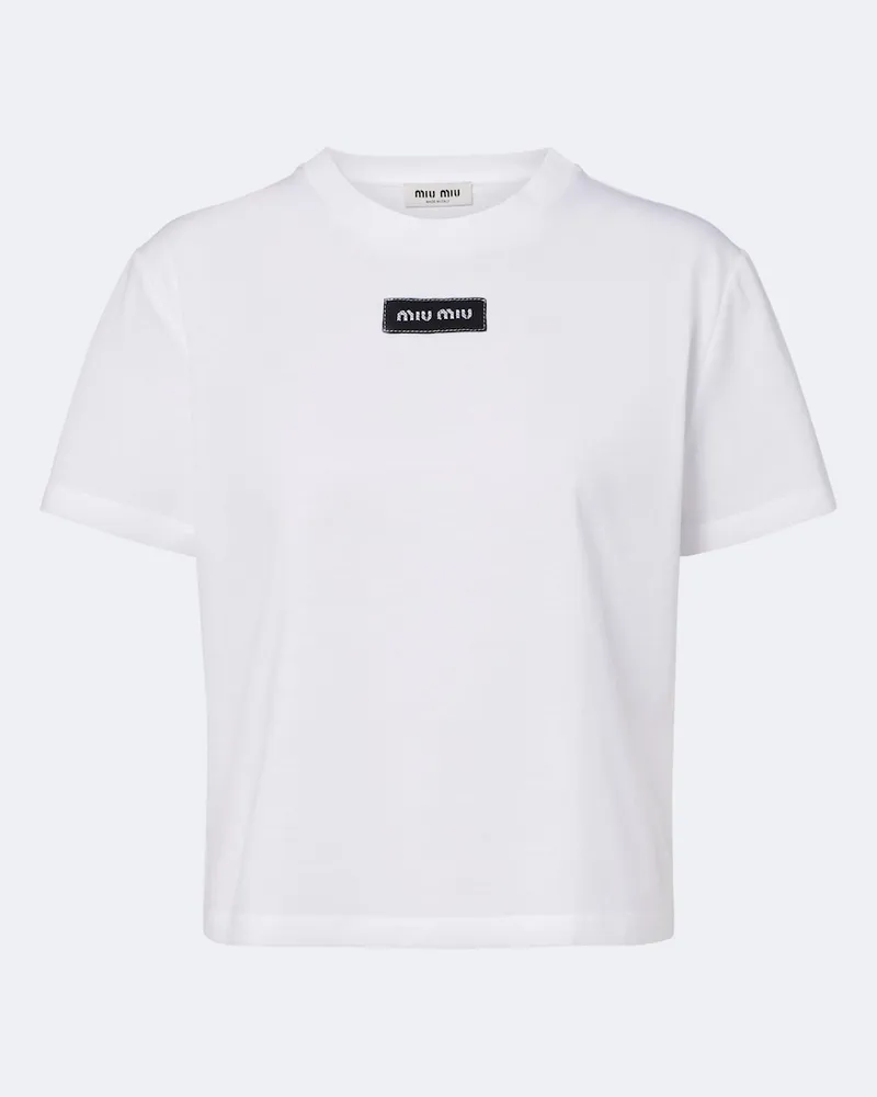 Miu Miu T-shirt in piqué di cotone con logo Bianco