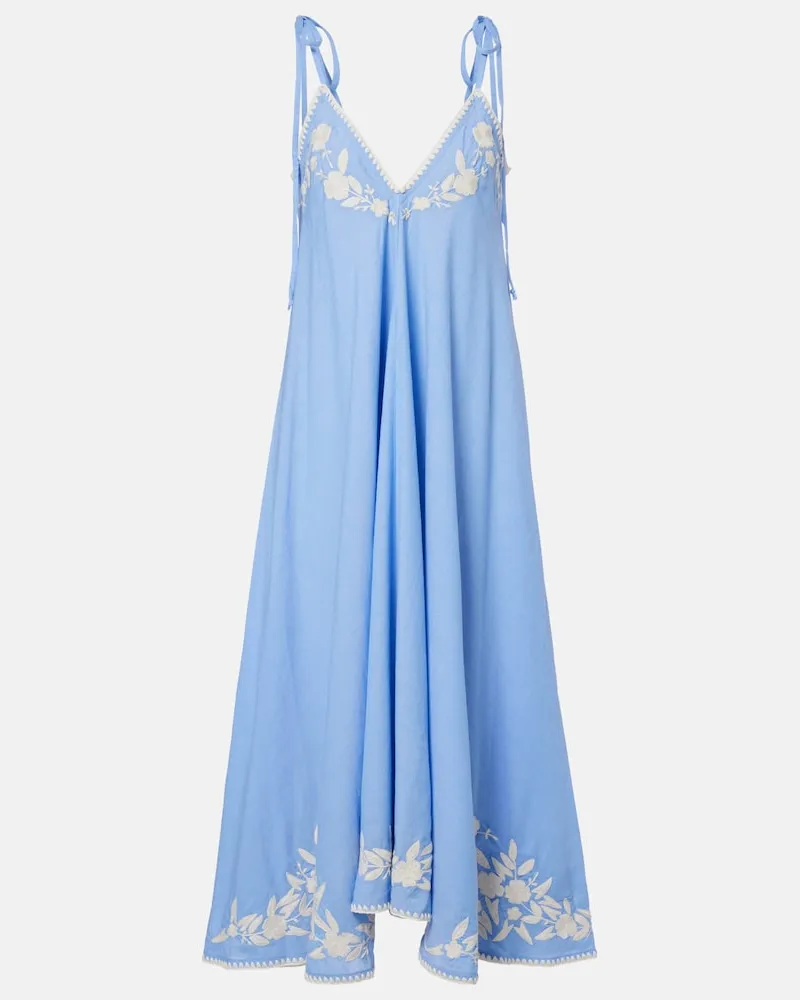 Juliet Dunn Abito midi in cotone e lino con ricamo Blu