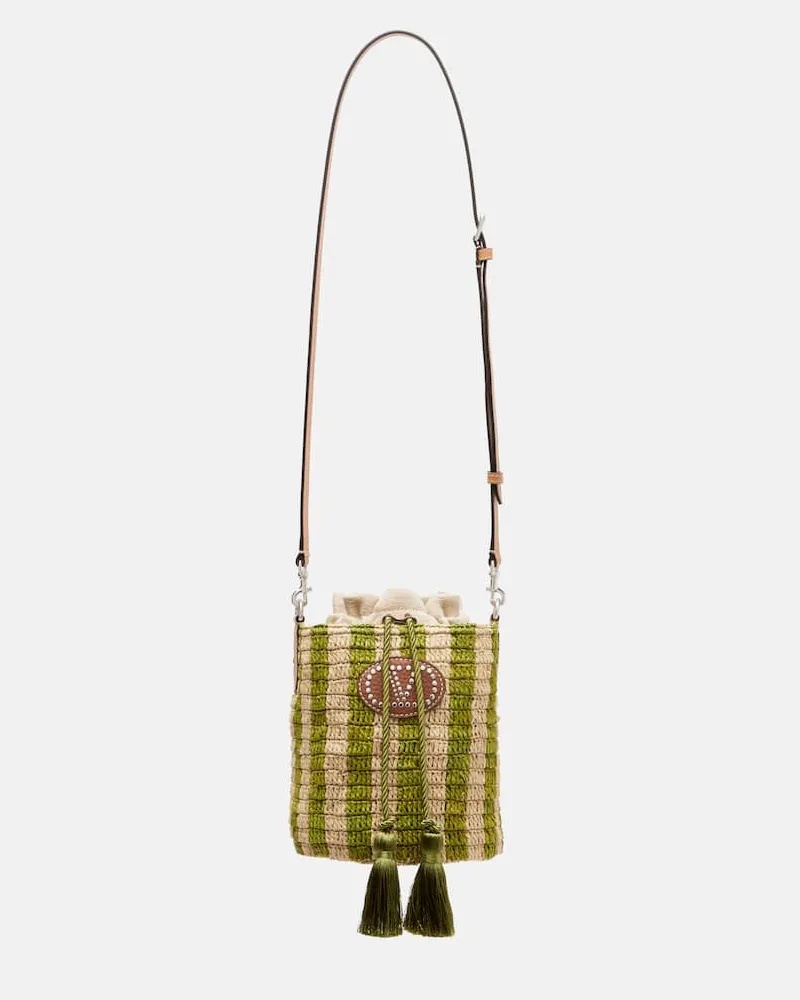 Valentino Garavani Borsa VLogo Mini in rafia a righe Verde