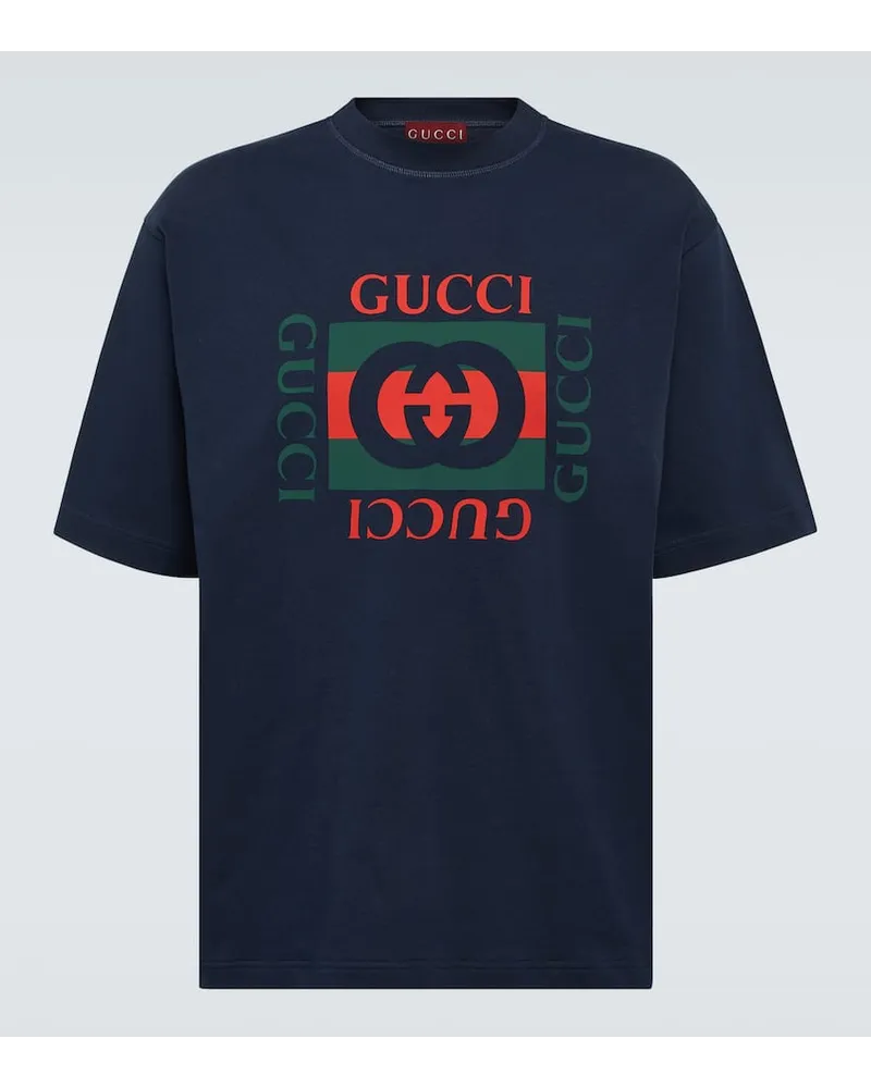 Gucci T-shirt in jersey di cotone con logo Blu