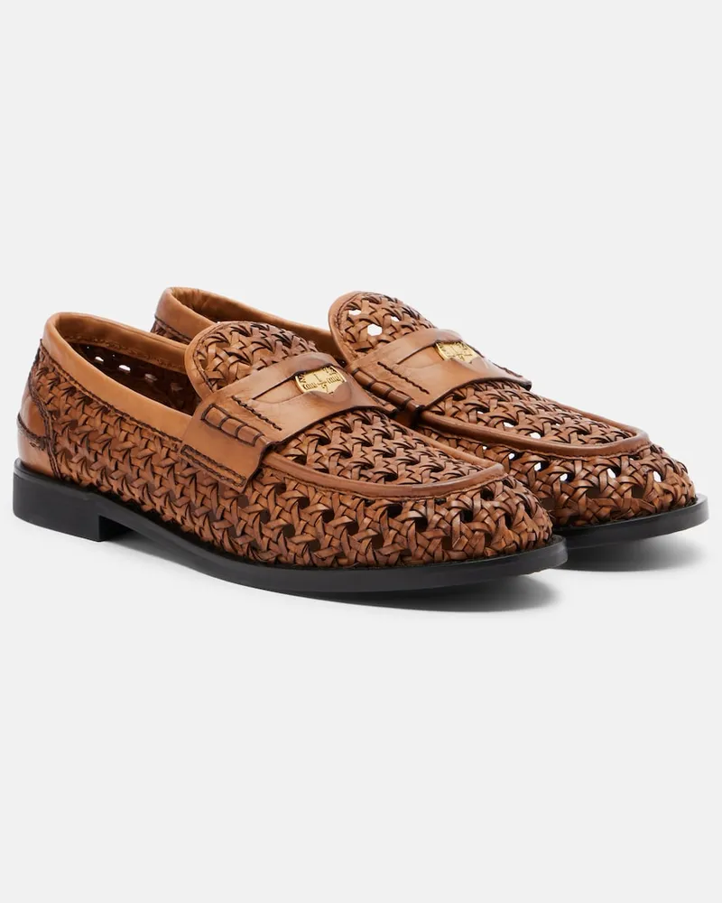 Miu Miu Mocassini penny in pelle intrecciata Marrone