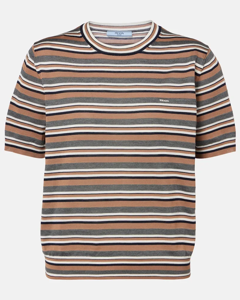 Prada T-shirt in cotone e seta a righe Marrone