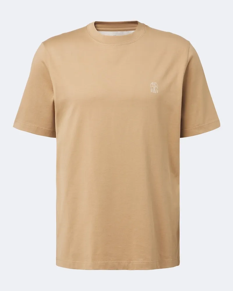 Brunello Cucinelli T-shirt in jersey di cotone con logo Beige